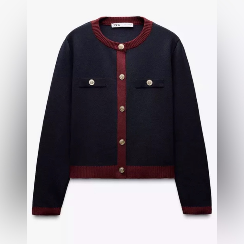 Zara Navy and Bordeaux Knit Sweater and Mini Skirt